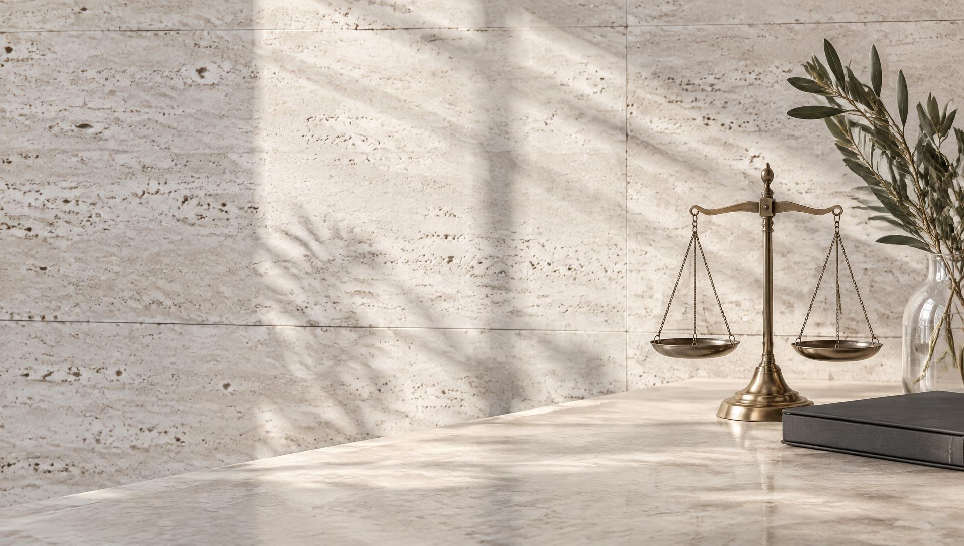 Balanza de justicia sobre una mesa de piedra